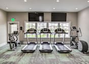 Thumbnail 9 of 47 - a gym with four treadmills and a tv on the wall