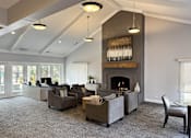 Thumbnail 2 of 21 - A living room with a fireplace and grey couches.