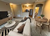 Thumbnail 31 of 41 - A living room with a white couch and a black and white rug.