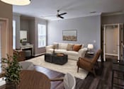 Thumbnail 27 of 41 - Bright living room showcasing comfortable seating and ceiling fan