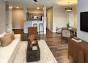 Thumbnail 26 of 41 - Contemporary living area with stylish leather seating and hardwood floors