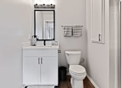 Thumbnail 24 of 37 - a bathroom with a toilet and a sink and a mirror