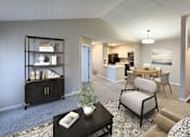 Thumbnail 13 of 21 - A living room with a black coffee table and a white chair.