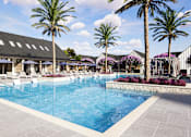 Thumbnail 43 of 46 - A large swimming pool surrounded by palm trees and a building with a black roof.