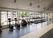 Thumbnail 42 of 46 - A gym with a variety of equipment including treadmills, weights, and exercise bikes.