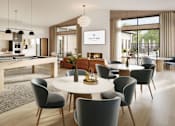 Thumbnail 5 of 7 - Rendering of modern apartment clubhouse with pool table, lounge seating, fireplace, and floor-to-ceiling windows with patio access.
