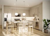 Thumbnail 2 of 7 - Rendering of bright townhome apartment kitchen with light cabinetry, stainless steel appliances, center island, and pendant lighting.