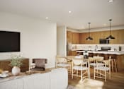 Thumbnail 4 of 7 - Rendering of open-concept townhome apartment living and dining area with wood cabinetry, kitchen island seating, and large wall-mounted TV.