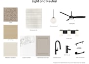 Thumbnail 7 of 7 - Light and neutral apartment finish palette board with beige carpet, pale LVT flooring, soft gray backsplash tile, quartz counters, taupe cabinets, and matte black fixtures and lighting.