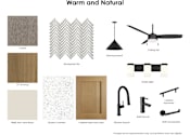Thumbnail 6 of 7 - Warm and natural apartment finish palette board featuring textured carpet, wood-look LVT flooring, herringbone backsplash tile, speckled quartz counters, wood cabinets, and matte black fixtures and lighting.