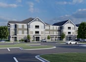 Thumbnail 1 of 7 - A rendering of a modern apartment complex with cars parked in the driveway.