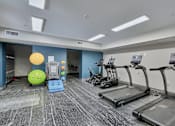 Thumbnail 28 of 32 - A gym with treadmills, exercise balls, and other equipment.