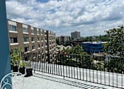 Thumbnail 5 of 8 - A balcony with a black railing and potted plants overlooks a cityscape.