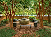 Thumbnail 9 of 29 - A park with a fountain surrounded by trees and benches.