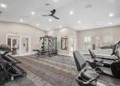 Thumbnail 50 of 74 - a gym with weights and cardio machines and a ceiling fan
