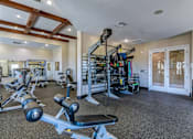 Thumbnail 16 of 41 - A well-equipped gym with a variety of exercise machines and weights.