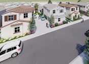 Thumbnail 4 of 27 - A street view of a residential area with houses and cars.