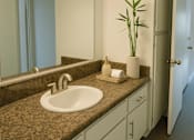 Thumbnail 9 of 23 - Modern bathroom with granite-style vanity and large mirror.