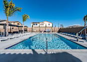 Thumbnail 1 of 33 - A large swimming pool surrounded by palm trees and lounge chairs.