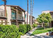 Thumbnail 2 of 25 - A row of apartment buildings with green bushes in front.