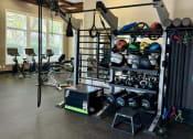Thumbnail 38 of 41 - a home gym with weights and equipment and a large window