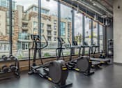Thumbnail 14 of 29 - A gym with a view of apartment buildings outside the window.