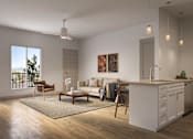 Thumbnail 2 of 10 - A modern living room with a kitchen area in the background.