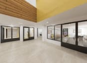 Thumbnail 2 of 10 - the lobby of a building with large windows and a yellow ceiling