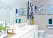 Thumbnail 3 of 22 - Spacious bathroom with tile floors, gray colored walls, glass enclosed shower and oval soaking tub, and lots of counter space at The Dorchester Apartments in Dallas Texas