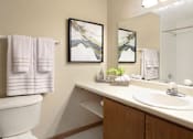 Thumbnail 21 of 25 - Master bathroom with extra storage space, built-in shelves, tile floors and tile showers at LionsGate Apartments