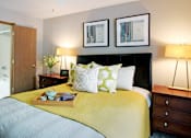 Thumbnail 4 of 30 - Spacious master bedroom with walk-in closet, master bathroom, and gray wall color at The Vanderbilt Apartments in Omaha, Nebraska