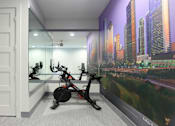 Thumbnail 20 of 36 - Newly remodeled Fitness Center open 24/7 with brand new Life Fitness equipment including 1 peloton bike, 4 resistance machines, 2 treadmills, 1 life cycle, 1 elliptical, full rack of free weights and dumbbells and water bottle refill fountain at Tuscany Apartments in Houston.