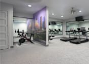 Thumbnail 16 of 36 - Newly remodeled Fitness Center open 24/7 with brand new Life Fitness equipment including 1 peloton bike, 4 resistance machines, 2 treadmills, 1 life cycle, 1 elliptical, full rack of free weights and dumbbells and water bottle refill fountain at Tuscany Apartments in Houston.
