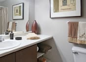 Thumbnail 26 of 30 - Bathroom with extra cabinet space and gray wall color, at the Vanderbilt Apartments in central Omaha, Nebraska