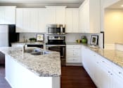 Thumbnail 31 of 34 - Spacious kitchen with island, granite countertops, custom home cabinets, French doors, smooth glass top stove, spacious pantries, breakfast bar and stainless-steel appliances at Tuscany Row Townhomes in Houston.