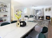 Thumbnail 8 of 26 - Spacious dining room with built-in bookshelves, hardwood floors, spacious living room with wood-burning fireplace at Tuscany Villas Apartments in Houston.
