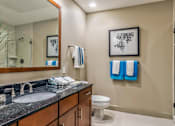 Thumbnail 5 of 36 - Luxury bathroom with granite countertops, glass shower and separate soaking tub at Villa Piana Apartments in Dallas