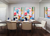 Thumbnail 9 of 36 - Luxury apartments with spacious dining room, mirror accent wall, and wood grain plank floors at Lenox Village Apartments in Lincoln, Nebraska