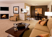 Thumbnail 9 of 35 - A living room with a fireplace and a couch.