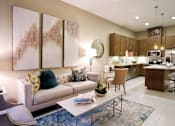 Thumbnail 3 of 42 - Luxury apartments with spacious open floor plan with built-in wine rack, granite countertops, kitchen island, stainless steel appliances, and designer tile backsplash at Tuscany Walk Apartments in Houston Texas.