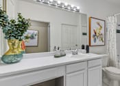 Thumbnail 12 of 40 - Spacious bright white bathroom with oversized garden tub and built-in vanity at Village on the Parkway Apartments
