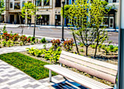 Thumbnail 1 of 6 - A bench is in front of a building with a tree in front of it.