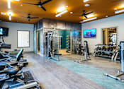 Thumbnail 11 of 27 - A gym with treadmills, exercise bikes, and a television at The Grand at Manor Apartments, Manor