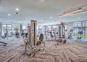 Thumbnail 27 of 32 - A gym with a variety of equipment including treadmills, weights, and exercise machines.