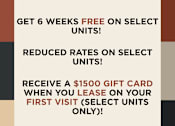 Thumbnail 27 of 27 - An advertisement offering 6 weeks free on select units, reduced rates, and a $1500 gift card for the first visit.