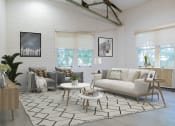 Thumbnail 19 of 46 - a living room with white walls and a geometric rug at The Mobile Lofts, Mobile, Alabama