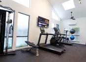 Thumbnail 33 of 47 - a gym with treadmills and weights and a tv