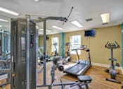 Thumbnail 7 of 21 - A gym with a variety of equipment including a treadmill, weights, and a television.