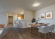 Thumbnail 19 of 21 - A modern dining room with a wooden table and chairs.