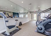 Thumbnail 18 of 20 - A gym with a treadmill, a stationary bike and a mirror.
